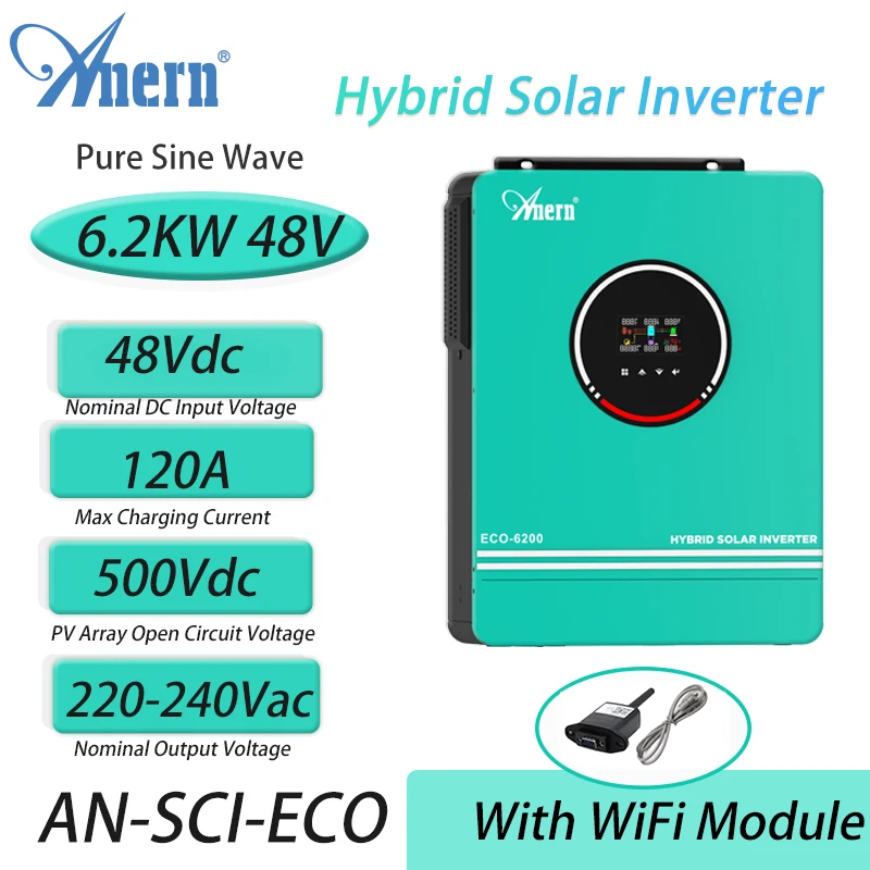 

Anern 6.2KW 4.2KW Grid Tie Inverter 24v Hybrid Solar Inverter Off Grid 48v 230V PV Input Max 500vdc Built-in MPPT