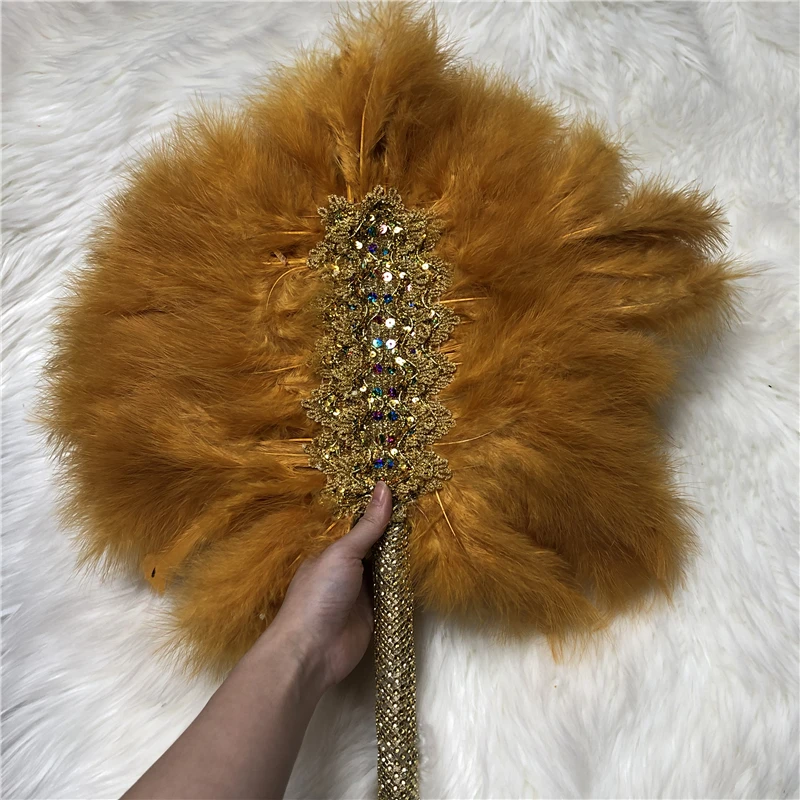 

African Wedding Hand Fan With Stones Orange High Quality Feather Fan For Women