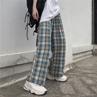 summer korean version 2022 new plaid high waist wide leg pants trousers sports casual pants female ins oversize womens pants