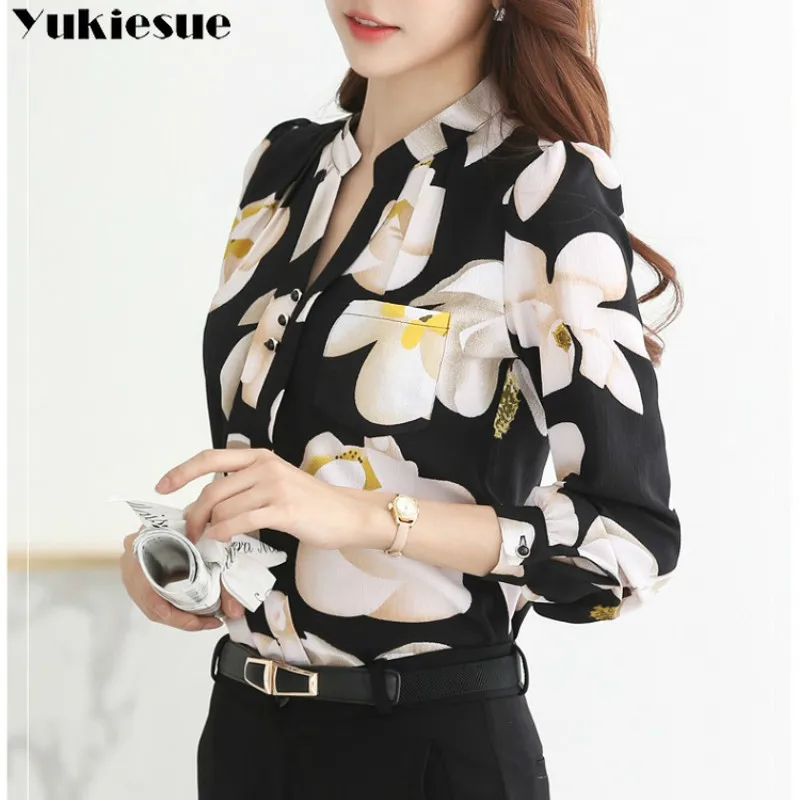 

floral printed Loose Womens Tops and Blouse Vintage Long Sleeve Chiffon Tops Blusas Mujer De Moda Elegant Autumn women blusas