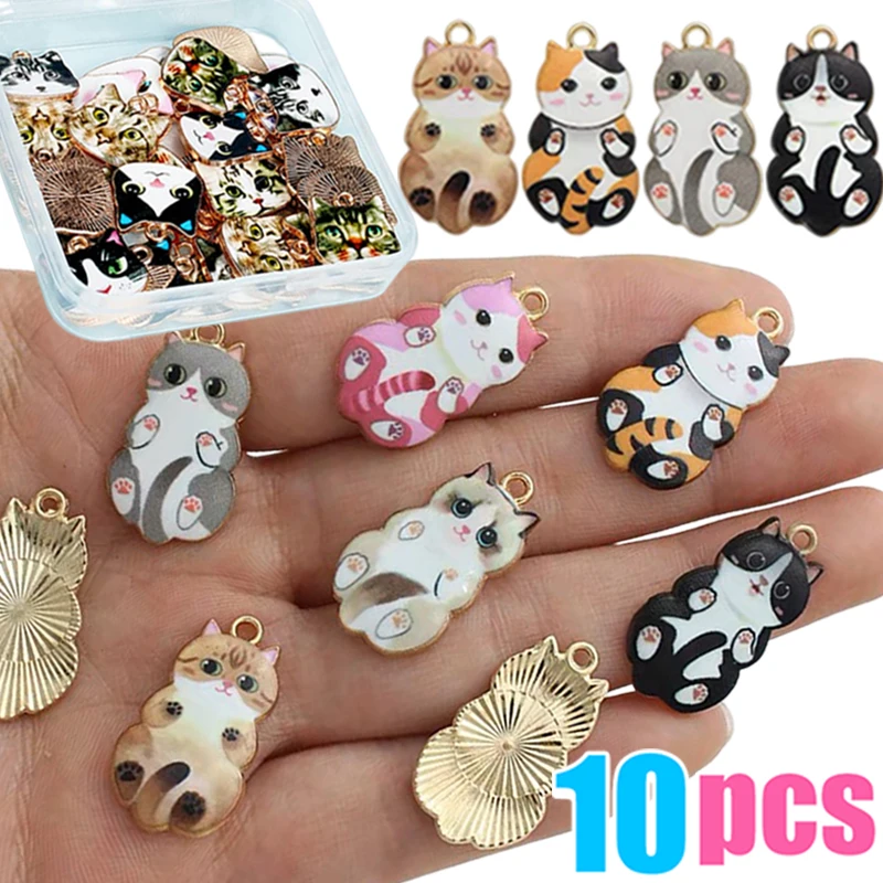 10pcs Fashion Gold Color Metal Alloy Kawaii Enamel Cat Animal Charms Pendant Fit Jewelry Making DIY Necklace Jewelry Finding