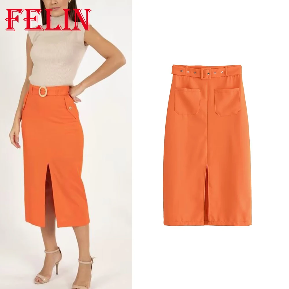 

Юбка женская однотонная на молнии, с разрезом, до середины икры