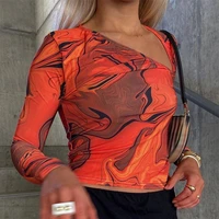 women y2k casual fall aesthetic harajuku streetwear long sleeve cut out orange sexy t shirt 2021 summer tie dye print crop top