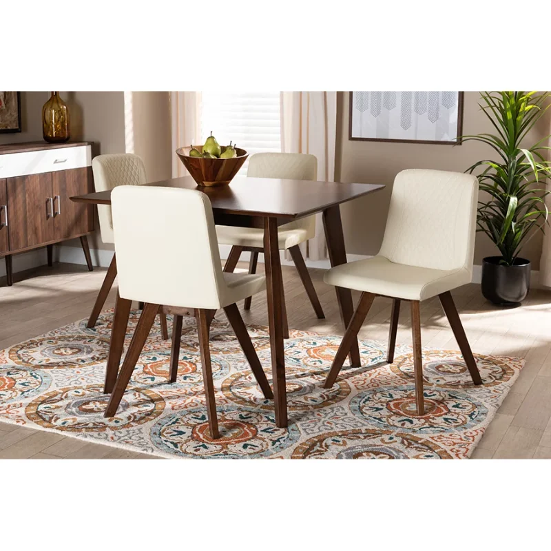 

Baxton Studio Pernille Modern Transitional Cream Faux Leather Upholstered Walnut Finished Wood 5-Piece Dining Set