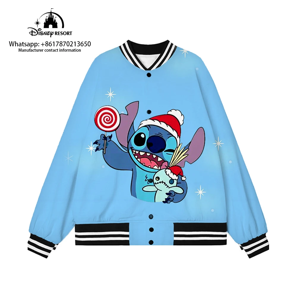 

2022 Fall New Christmas Disney Stitch Anime Ladies Harajuku Jacket Street Style Preppy Baseball Uniform Bomber Jacket