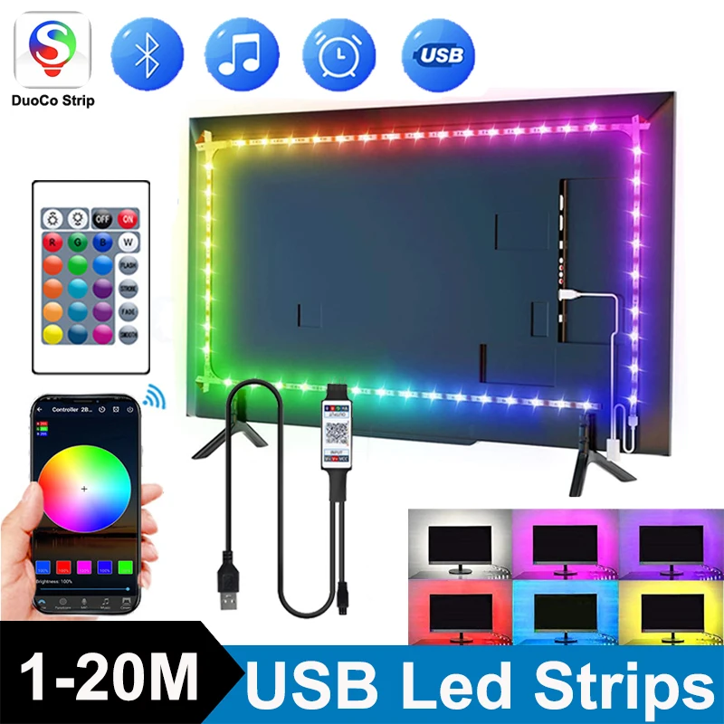 

Светодиодная лента для телевизора, умная Светодиодная лента, 24 клавиши, RGB Светодиодная лента, 5 В, неоновая полоса, лампа управления Bluetooth, ук...
