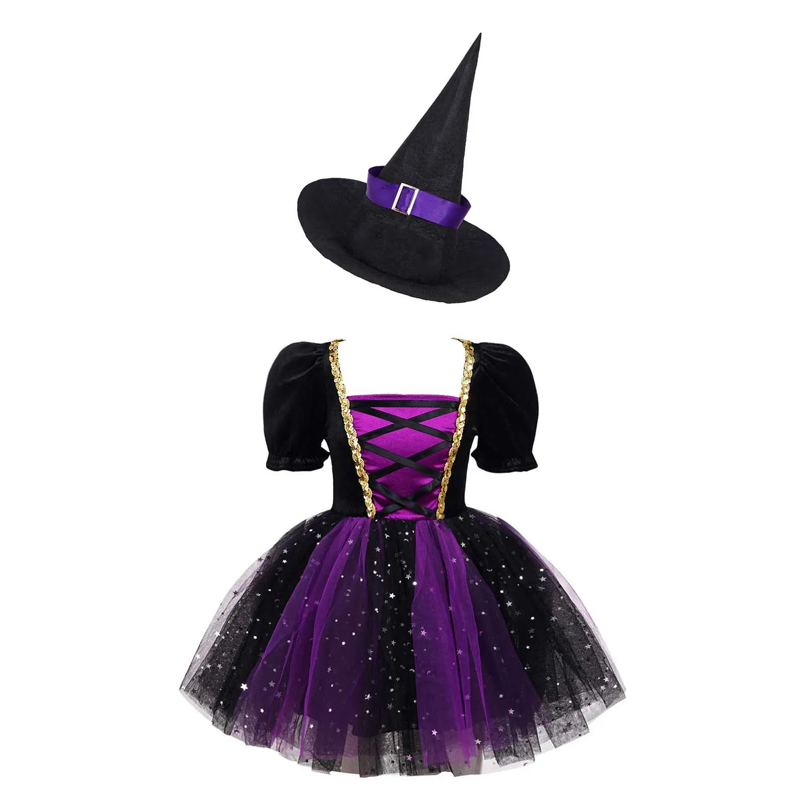 

Kids Girls Witch Costume Halloween Cosplay Dress Glittery Mesh Tutu Dress with Pointed Hat for Carnival Party Dress Up Clothes