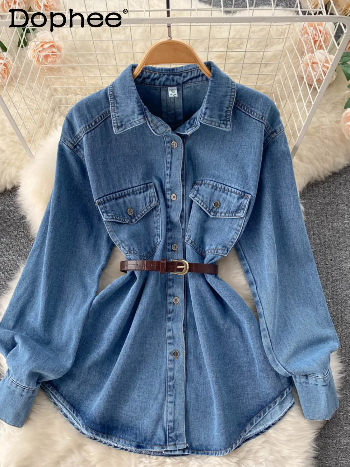 

2022 Autumn and Winter New Camisa Fashion Buttons Design Lapel Long-Sleeve Denim Shirt Women Loose Slimming Jean Blouse Top Lady