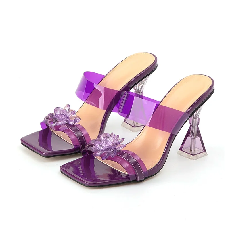 Summer Solid Color Transparent Women's Slippers Sandals Size 35-42 Clear Srystal Cup Heel Hollow Square Toe Slip On Slides Shoes