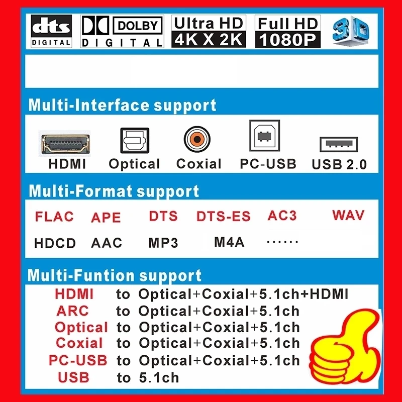 Аудио декодер HDMI DTS 5 1 приемник Bluetooth 0 DAC AC3 FLAC APE 4K x 2K в преобразователь для