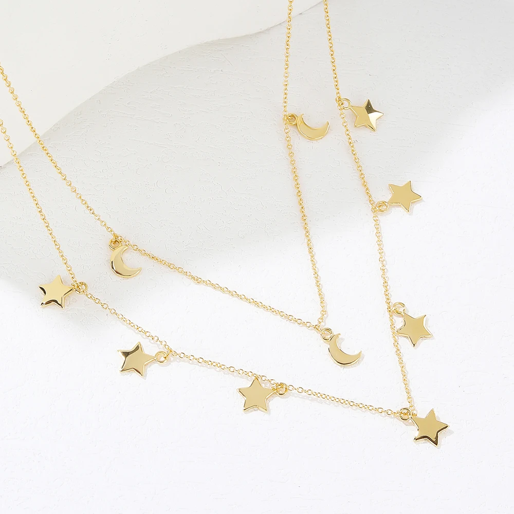 

Star & Moon Pendant Clavicle Necklace Double Layers Beads Minimalist Women Fashion Collares Summer Everyday Jewelry