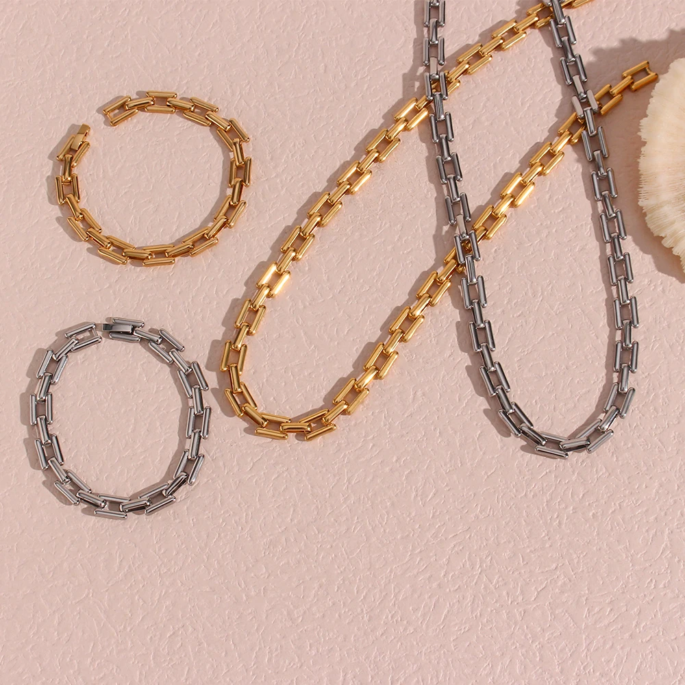 

2022 Punk High Quality 18K Gold Plated Domino Chain Choker Necklaces Statement Stainless Steel Bracelets for Women Party Jewelry