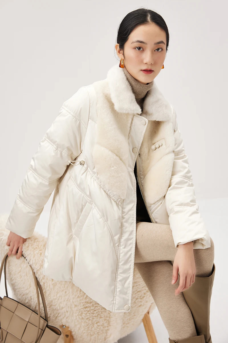 Design 95% White Goose Down Winter Jacket Women Casaco Feminino Luxury  Zipper  Wide-waisted  Spliced Mink Wool Coats