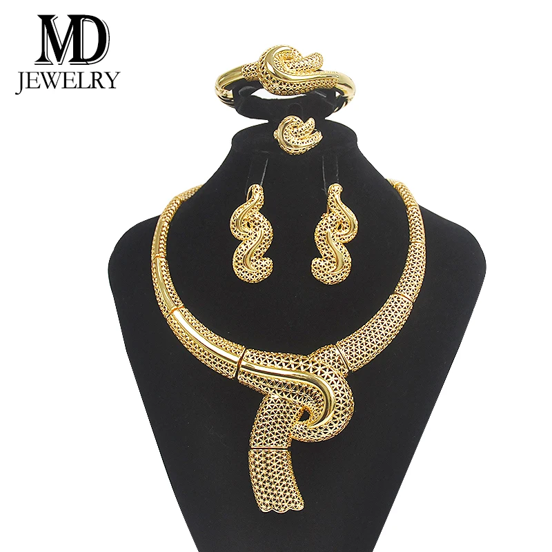 

D.M Necklace Sets For Women Dubai African Gold color Jewelry Set Bride Earrings Rings Indian Nigerian Wedding Jewelery Set Gift