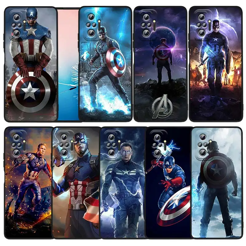 

Marvel Captain America Phone Case For Xiaomi Redmi Note 12 11E 11S 11 11T 10 10S 9 9T 9S 8 8T Pro Plus 5G Funda Black Cover