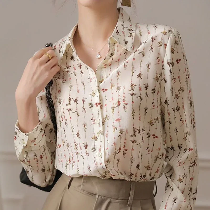 Элегантная модная женская шифоновая блузка на пуговицах с принтом универсальная