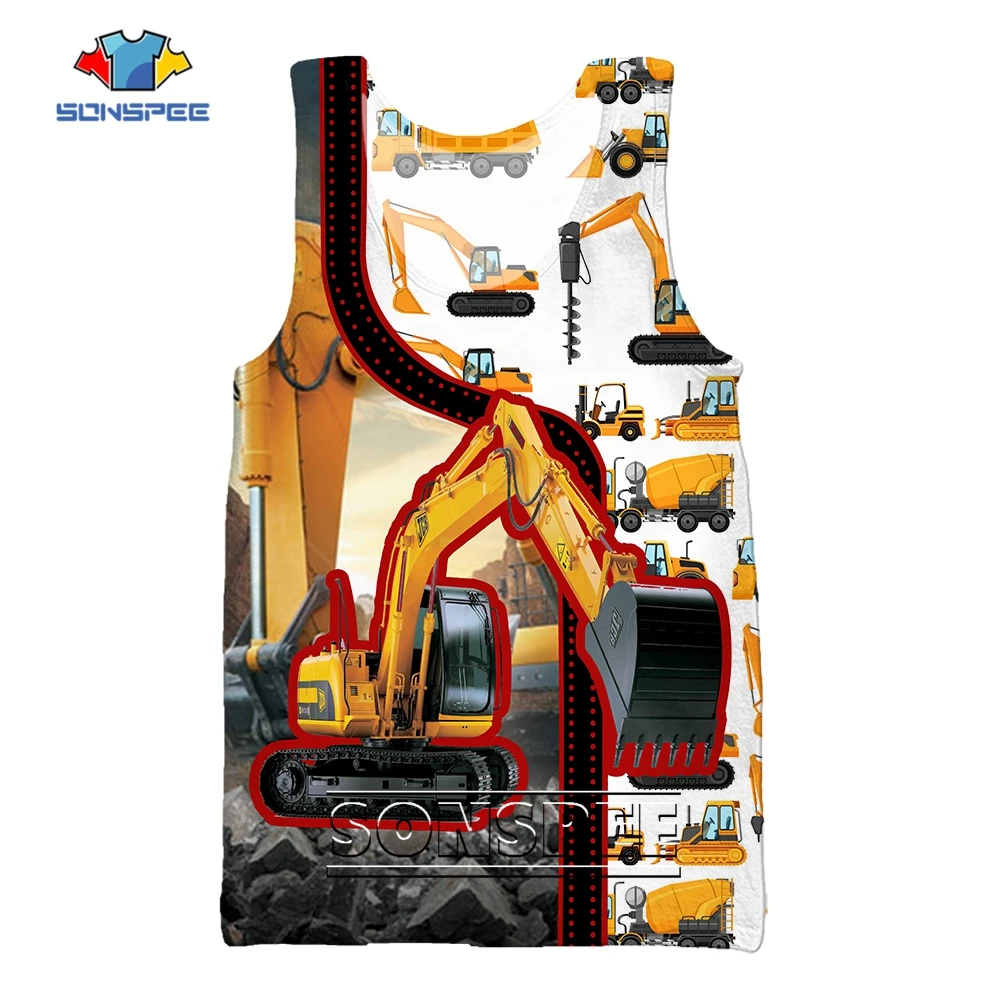 

SONSPEE Excavating Machinery 3D Printed Beach Vest Boxing Heavy Vehicle Graphic Sleeveless Tank Top Man Women Oversized Tees