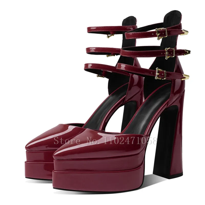 Fashion Women Pumps Patent Leather Chunky Platform Pointed Toe Hight Heels 14Cm Square Heels Ankle Buckle Strap Ladies Sandals