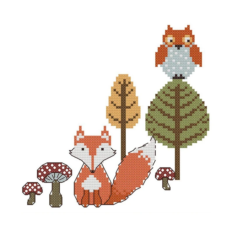 

Embroidery Starter Kits 11CT Stamped Cross Stitch Kits Beginners For DIY Embroidery - The Fox And The Owl 24X24cm