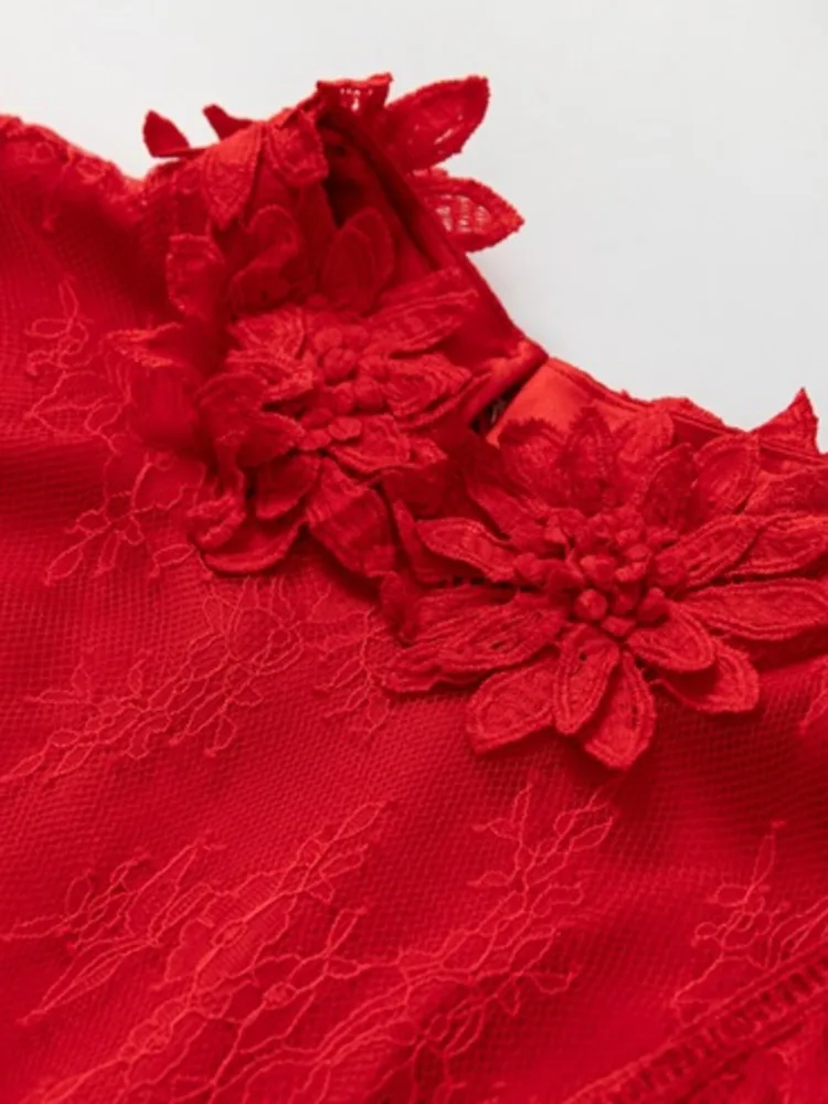 LGRQ Women Long Sleeve Lace Dress Fashion O-neck High Waist 3D Flower Patchwork Elegant Evening Dresses 2024 Autumn New Clothing