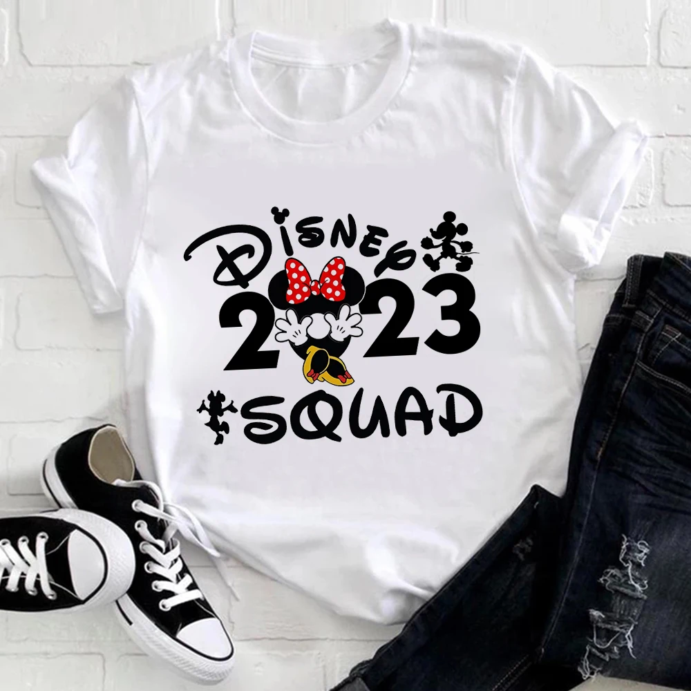 

Disney Minnie Squad T-shirt 2023 Fashion Family Vacation Ropa Mujer Short Sleeve Basic White Tops Tumblr Urban Casual Girl Shirt