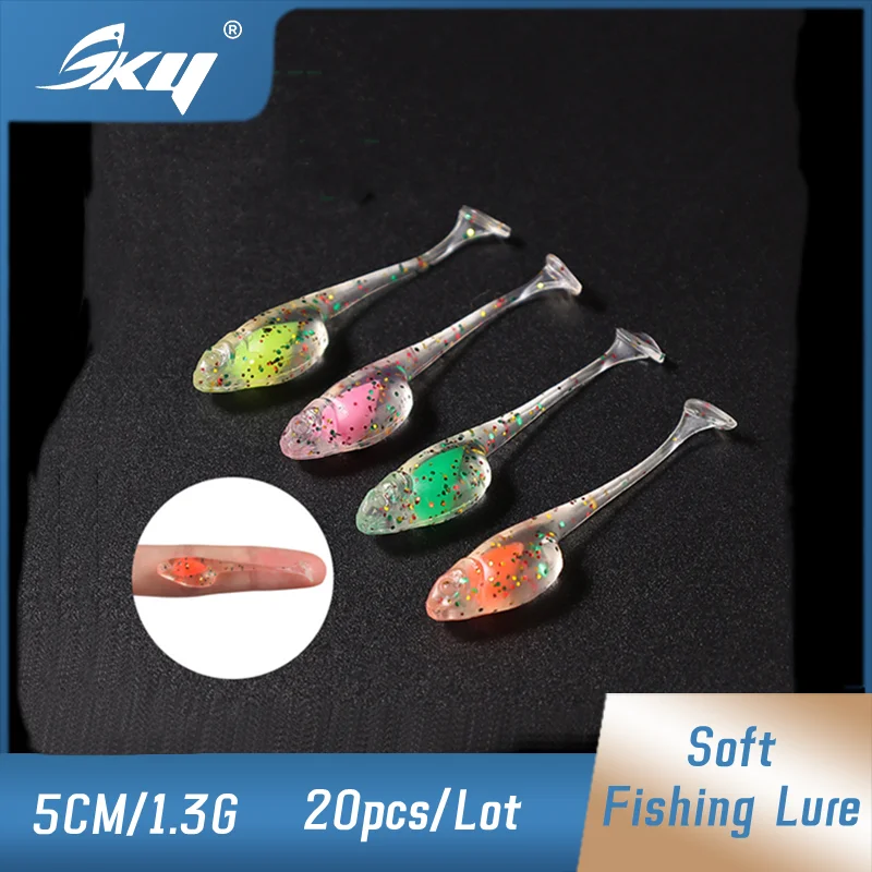 

SKY 20pcs/Lot Soft Fishing Lure Artificial Tadpole Silicone Bait 5CM/1.3G Fishing Accessories T-tail Sandwich Swimbait Tackle