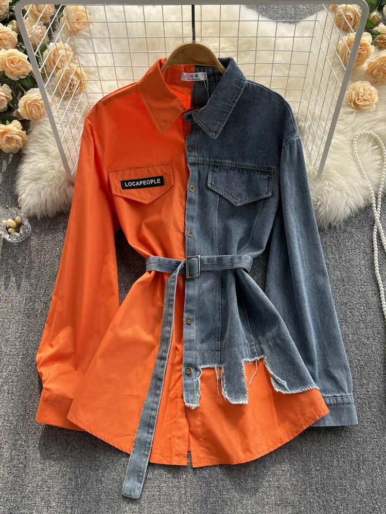 Женская джинсовая Блуза средней длины с длинным рукавом ремнем - купить по