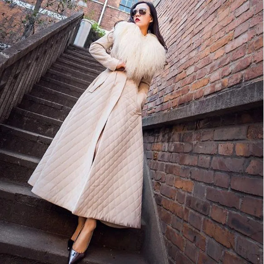 Autumn Winter Women's X-Long Coat New Slim Big Swing Warm Natural Wool Collar Diamond Parka for Ladies High Waist