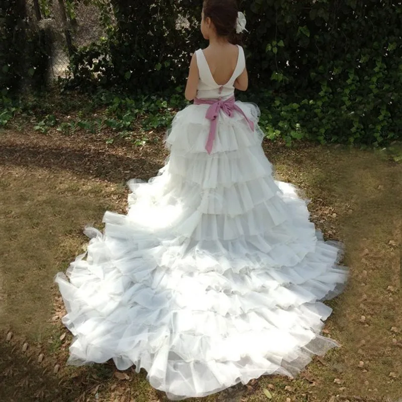 

Pink Puffy Princess Kids Dresses Real Image Flower Girl Dresses with Bow Pearls for Wedding Party Birthday Ball Gowns