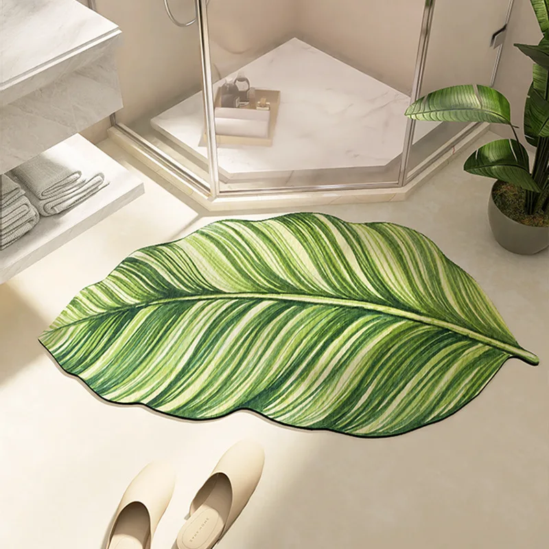 

Little Fresh Green Plant Leaves Bathroom Entrance Foot Mat