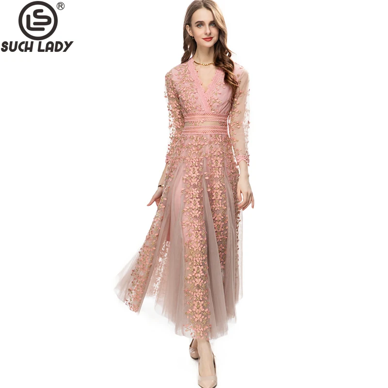 Women's Runway Dresses Sexy V Neck Long Sleeves Embroidery Mesh Patchwork Elegant Designer Party Prom Gown