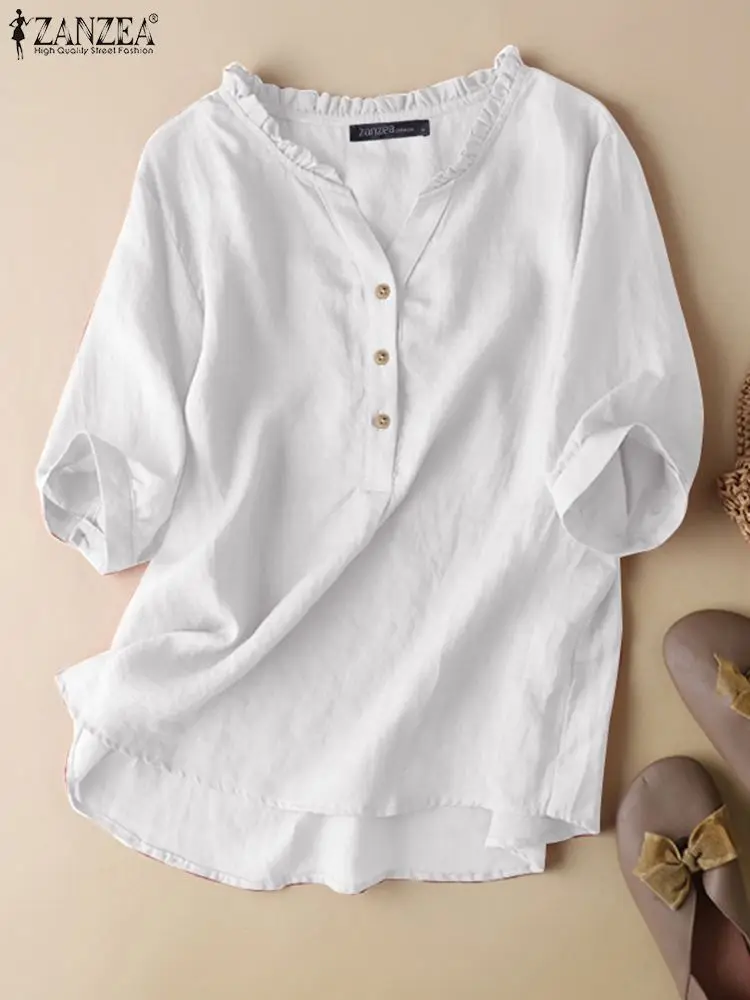 

ZANZEA Summer Fashion Women's Blouse Female Half Sleeve Cotton Shirt Casual Ruffles Loose Tunic Tops Vintage Solid Color Chemise