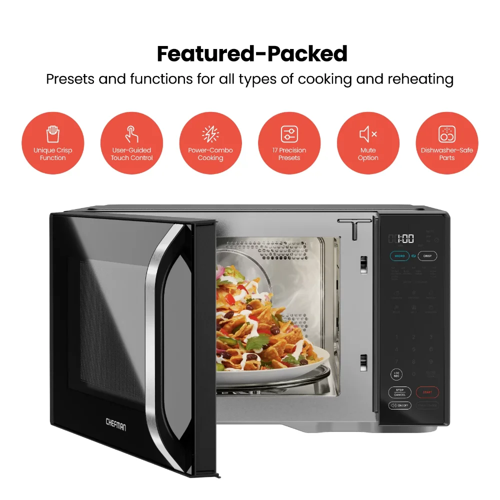 

Chefman MicroCrisp Microwave + Crisper, 1.1 Cu Ft, 1800W Max, Black, New