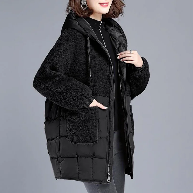 Autumn New 2023 Parkas Jackets Female Women Plus Size Lamb Teddy Splicing Hooded Coats Cotton Winter Jacket Womens Outwear Coat