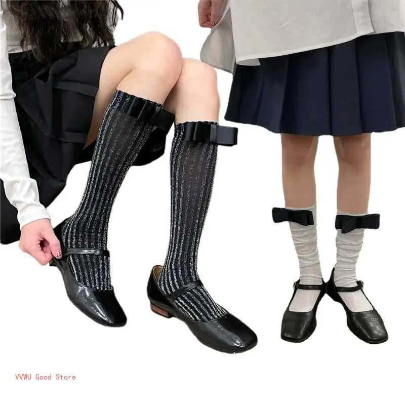 

Нежные женские кружевные носки до середины икры для девочек на весну и лето носки до колена чулки противоскользящие декоративные носки до колена с бантом