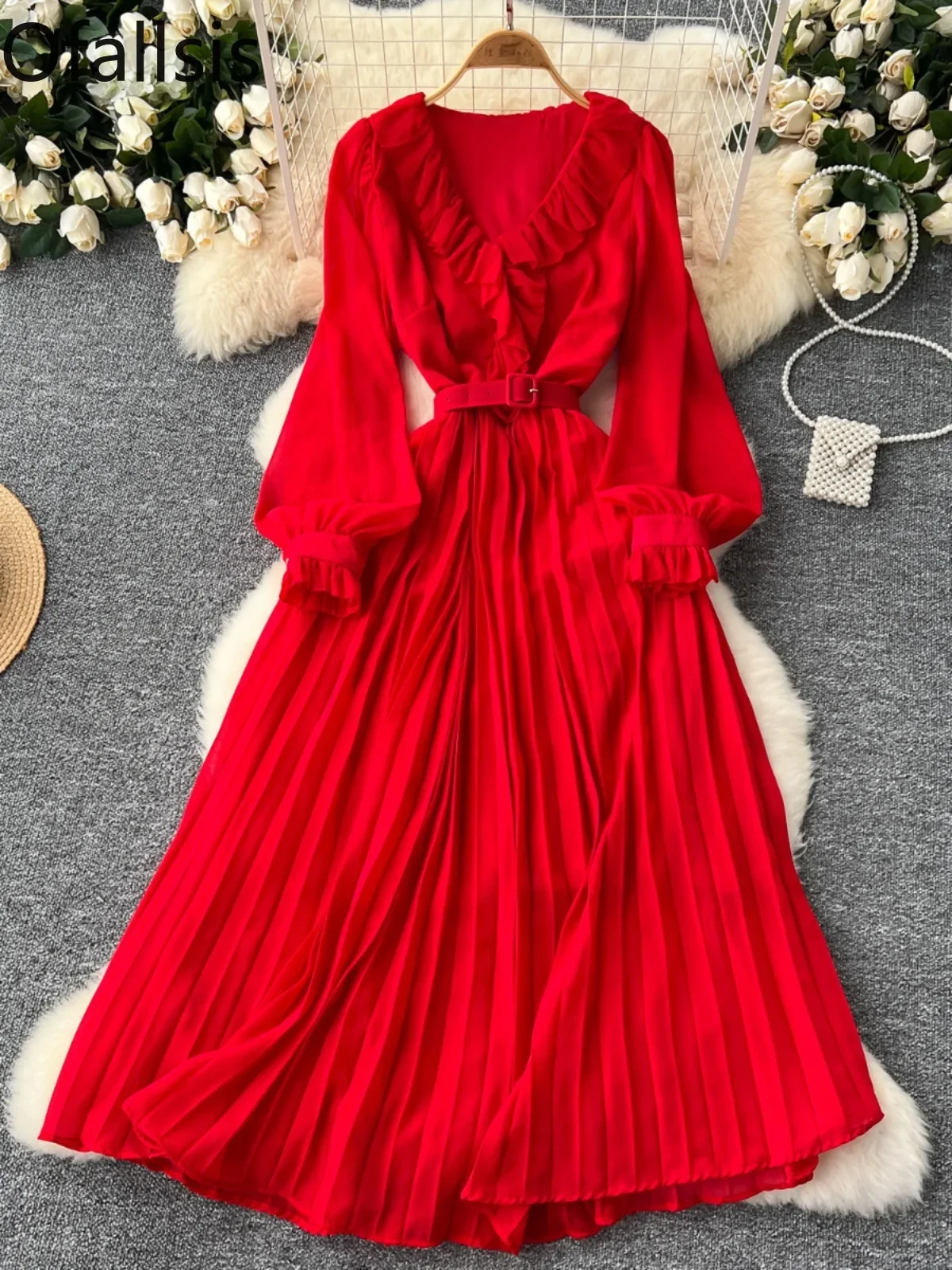 Шифоновое Плиссированное Платье с V-образным вырезом и рукавами-фонариками