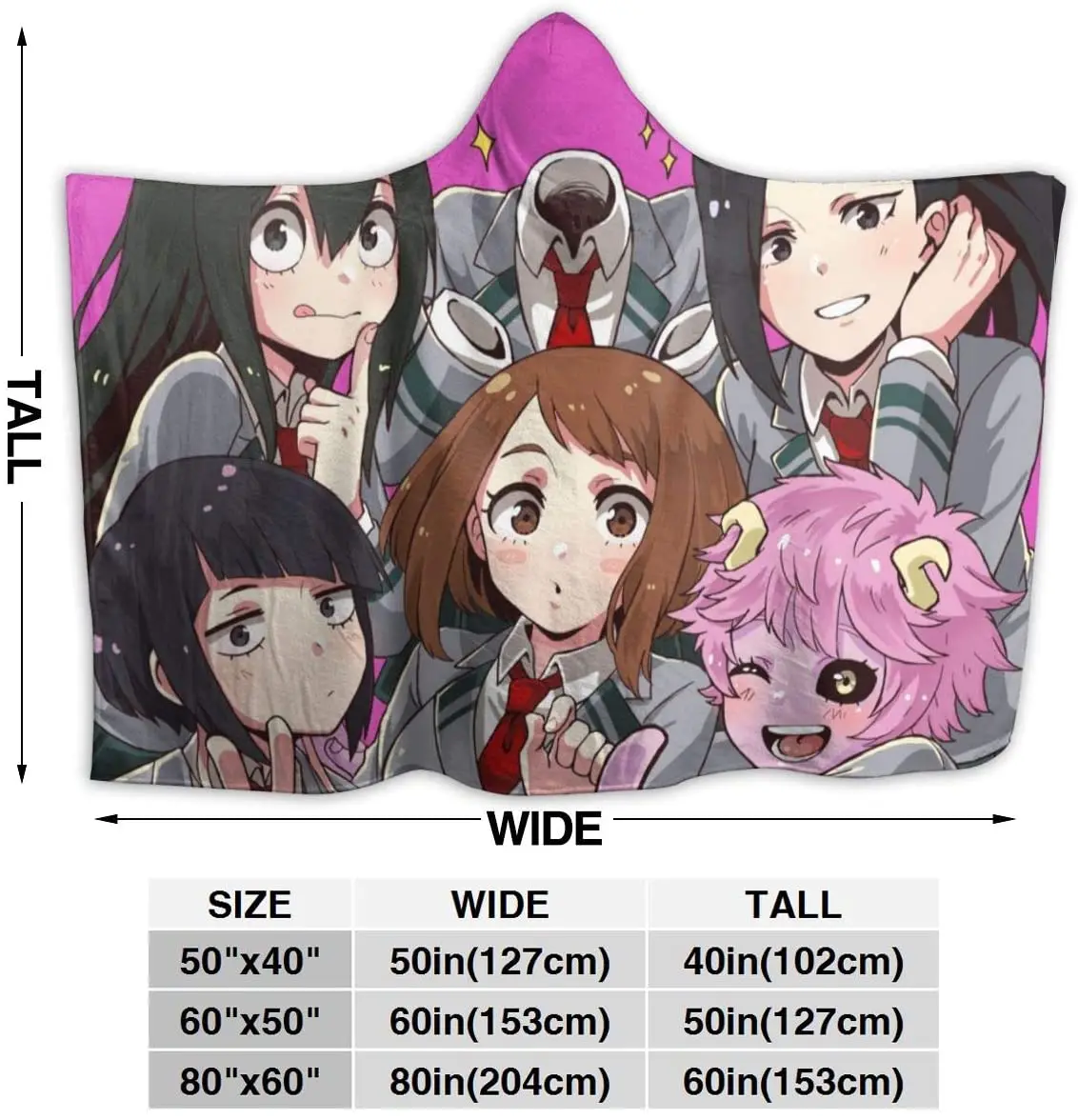 

My Hero Academia of MHA Tsuyu Ochaco Momo Mina Throw Blanket Unisex Adult Hooded Blanket for Sofa Wearable Blanket Flannel Blanket