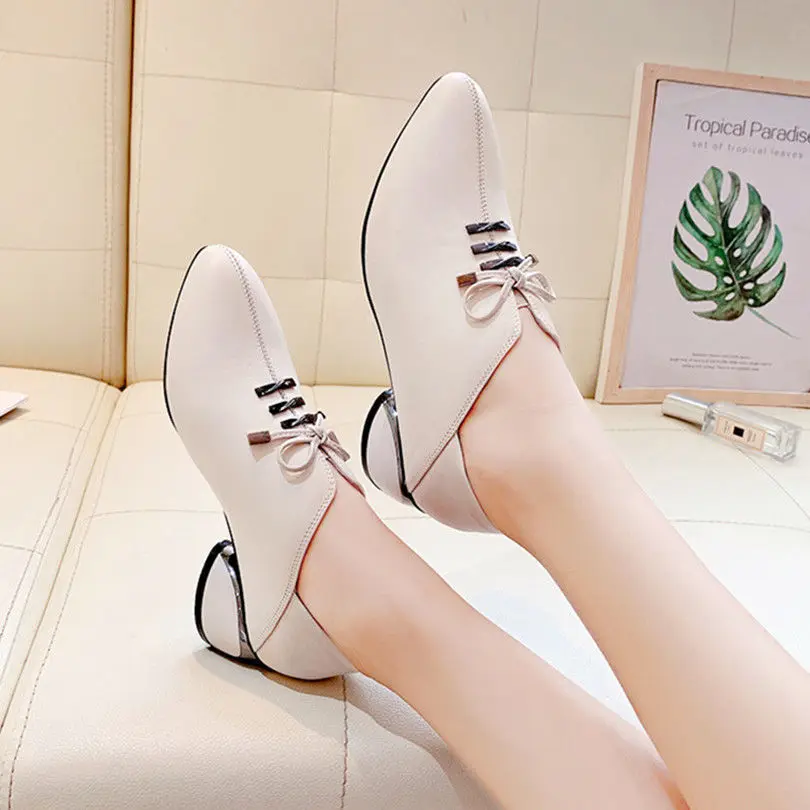 2021Leather Shoes Woman Mid Heels Women Casual Shoe Korea Style Block Heel Slip on Footware for Office Lady