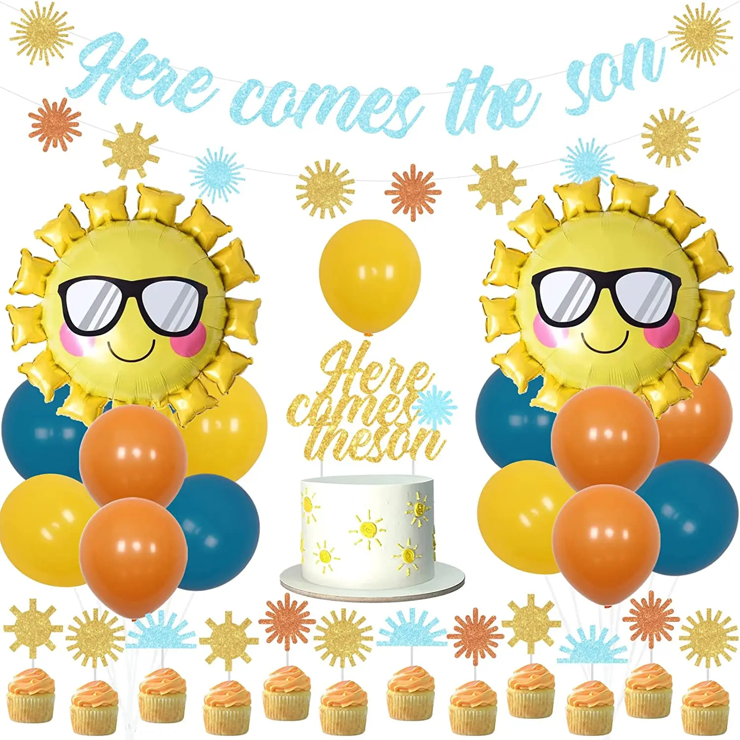 

Sun Theme Baby Shower Decorations Here Comes The Son Banner Cake Toppers Sun Balloons for Boy Boho Retro Sunshine Party Decor