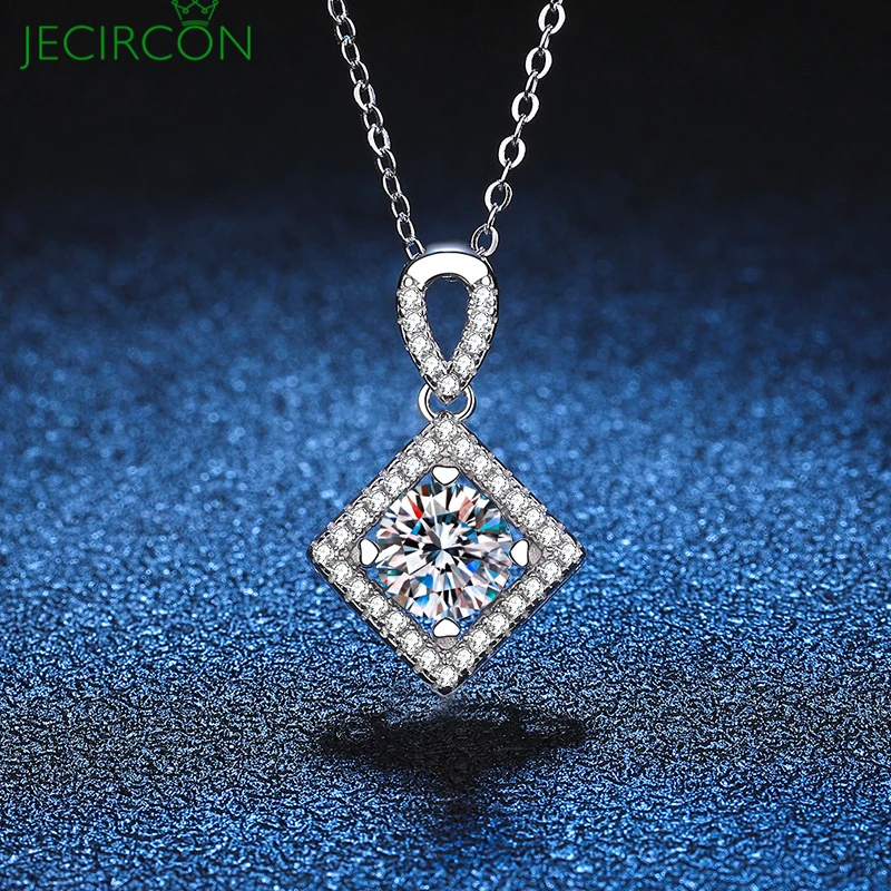 

JECIRCON 925 Sterling Silver Moissanite Necklace for Women 1 Carat D Color Geometric Square Pendant Plated pt950 Wedding Jewelry