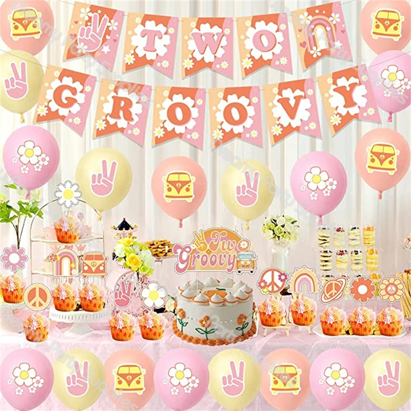 

1set TWO GROOVY Party Balloon Decorations Pink Peach Yellow Balloons Garland Arch TWO GROOVY Banner Cake Topper Birthday Decor