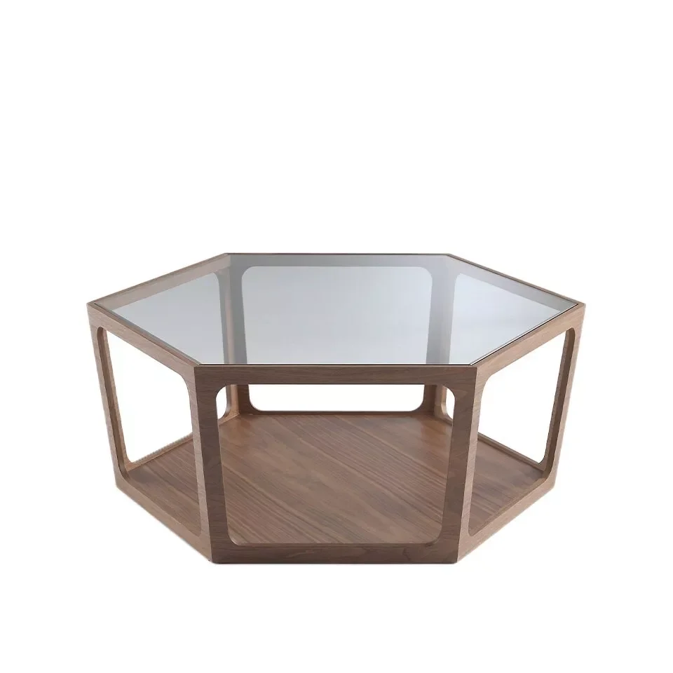 

2023 Angel Cerdá coffee table-hexagonal center table in veneered wood and tempered glass top.