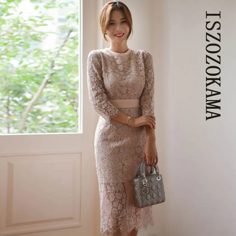 

autumn Lace Office Dress one piece Korea Ladies Long Sleeve Crew neck Midi party Formal Dresses for women clothing