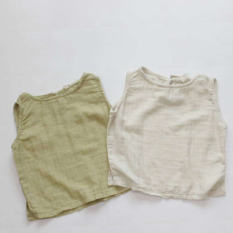 

Baby Boys Girls Clothes Sleeveless Cotton Linen Solid T-shirt 1-7 Yrs Kids Loose Casual T-shirt Tops Children Clothes For Summer