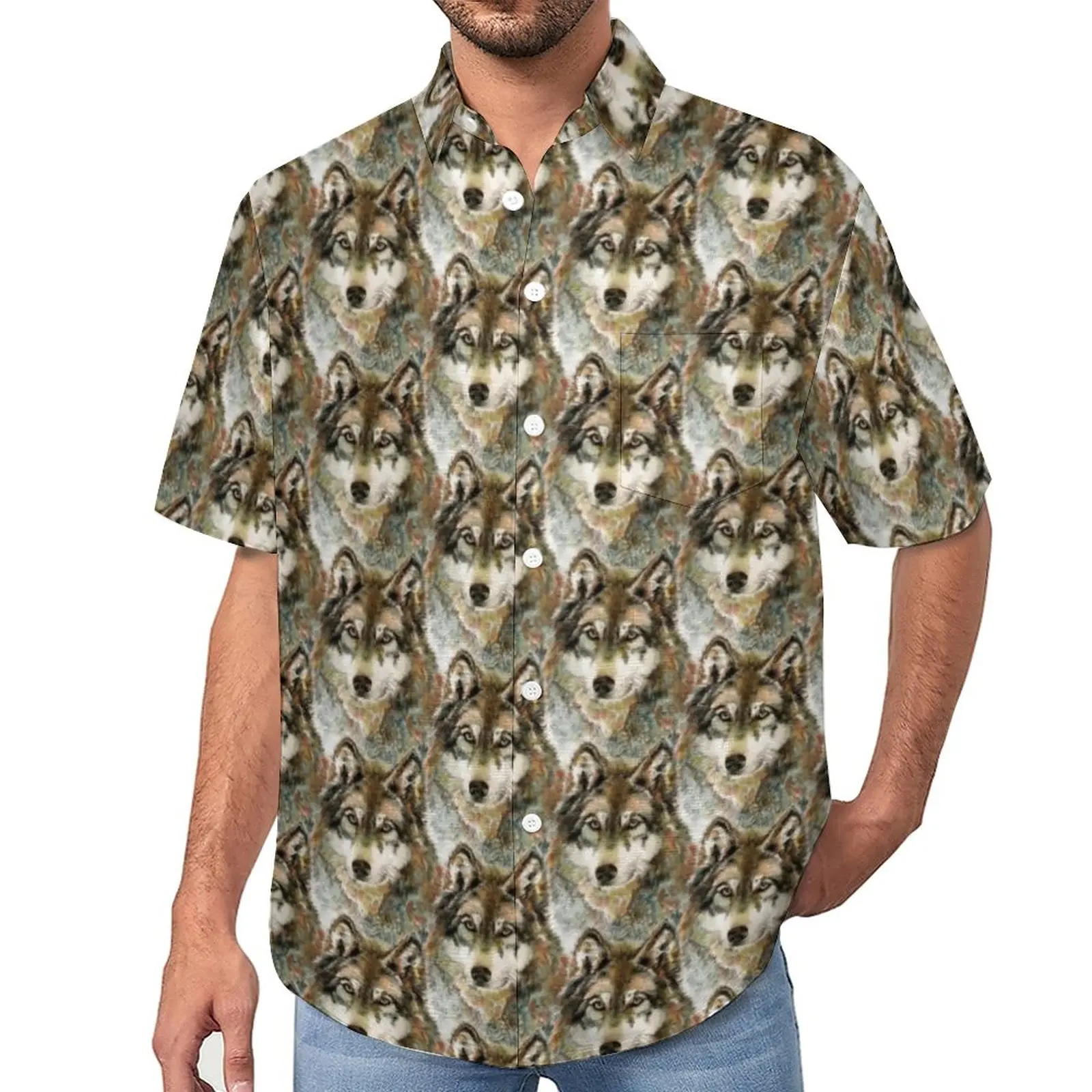 

Рубашка мужская с акварельным принтом головы волка, свободная повседневная с коротким рукавом, в гавайском стиле, для отпуска, для дикой при...