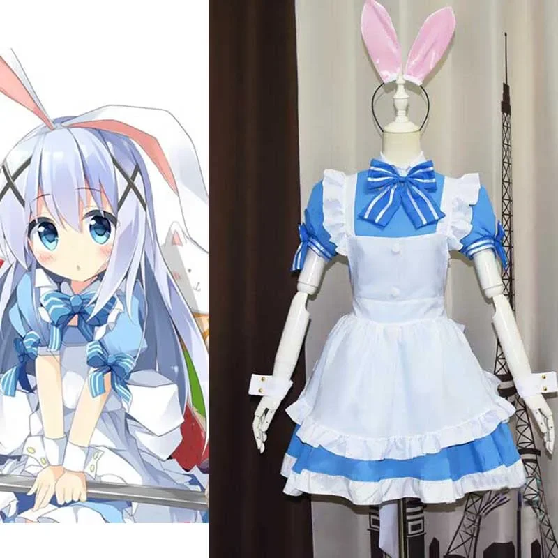 

Is the order a rabbit Kafuu Chino maid outfit Cosplay Desu ka Gochuumon wa Usagi Desuka Kirima Syaro Costume Custom Made