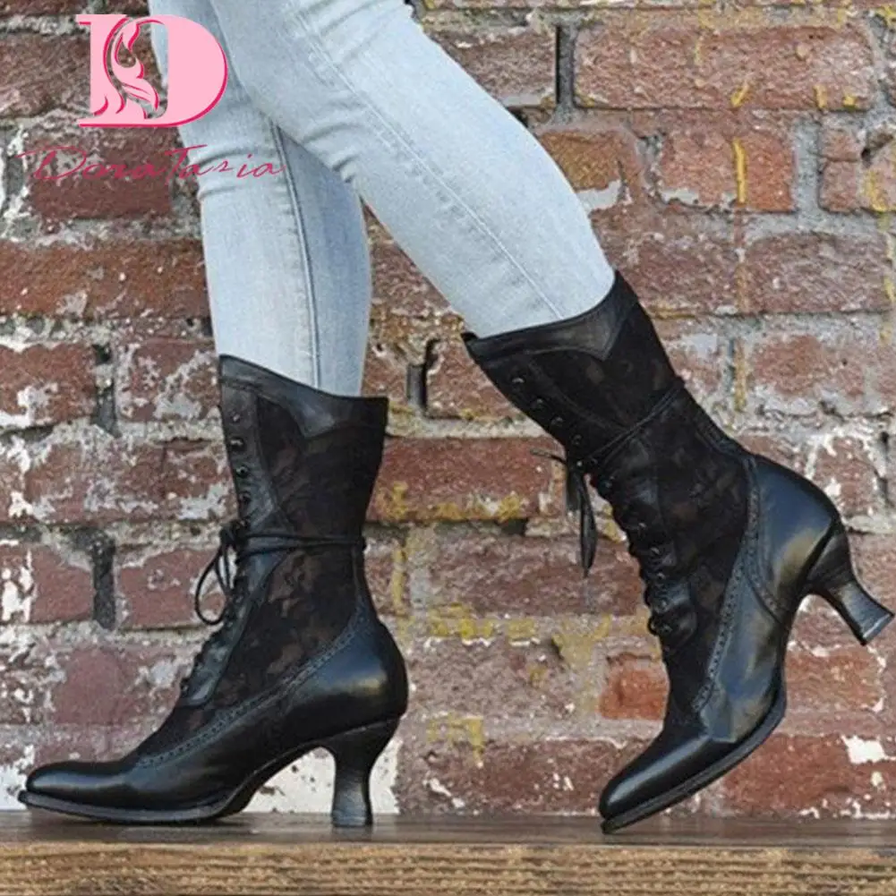 

DoraTasia Fashion Shoes Ladies Boots mid-calf lace-up Thick High Heels Lace Solid pointed-toe Boots Female Sewing Concise Shoes