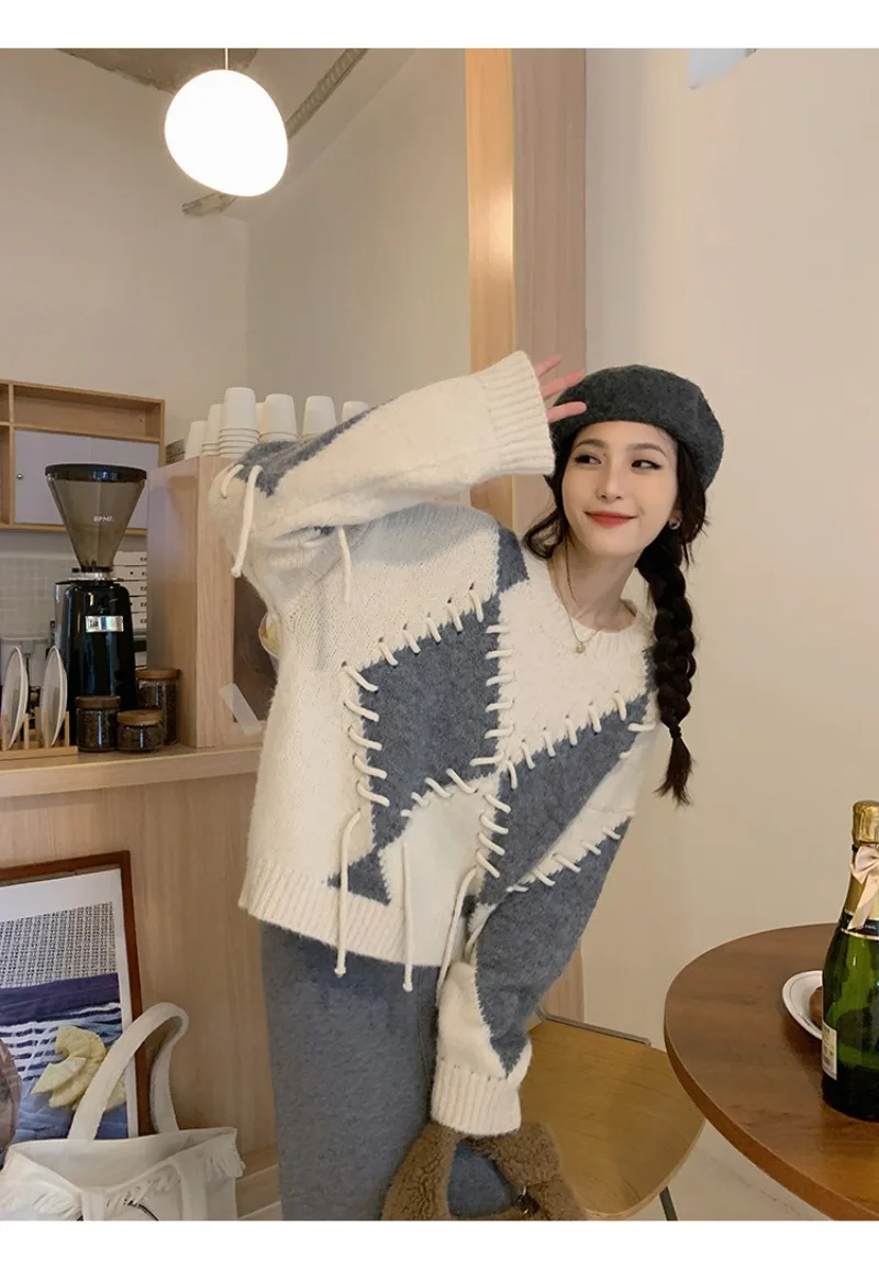 Женский свитер с длинным рукавом GAODINGLAN свободный трикотажный в клетку большие