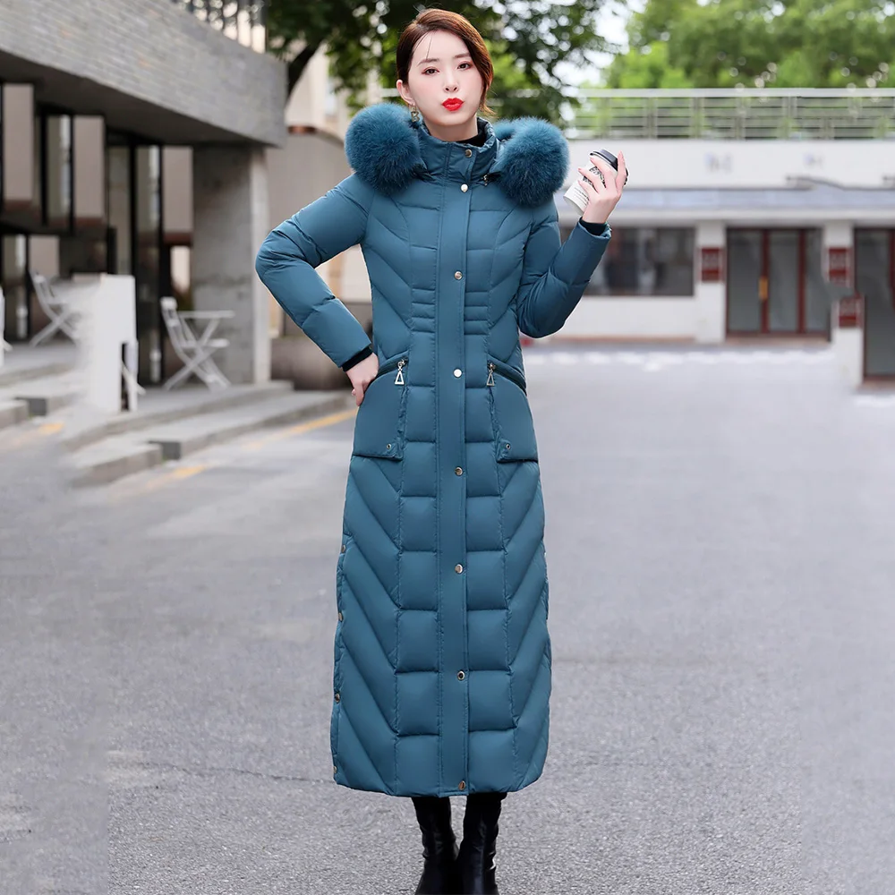 New Women Down Coat Winter Fashion Detachable Hooded Real Fox Fur Collar Thicken Warm Lengthened Down Jacket Slim Overcoat