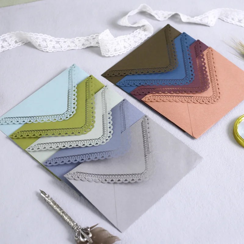 

5PCS Vintage Envelope Colorful Paper Piercing Lace Window Envelopes for Business Birthday Wedding Invitation Letter Gift Bulk